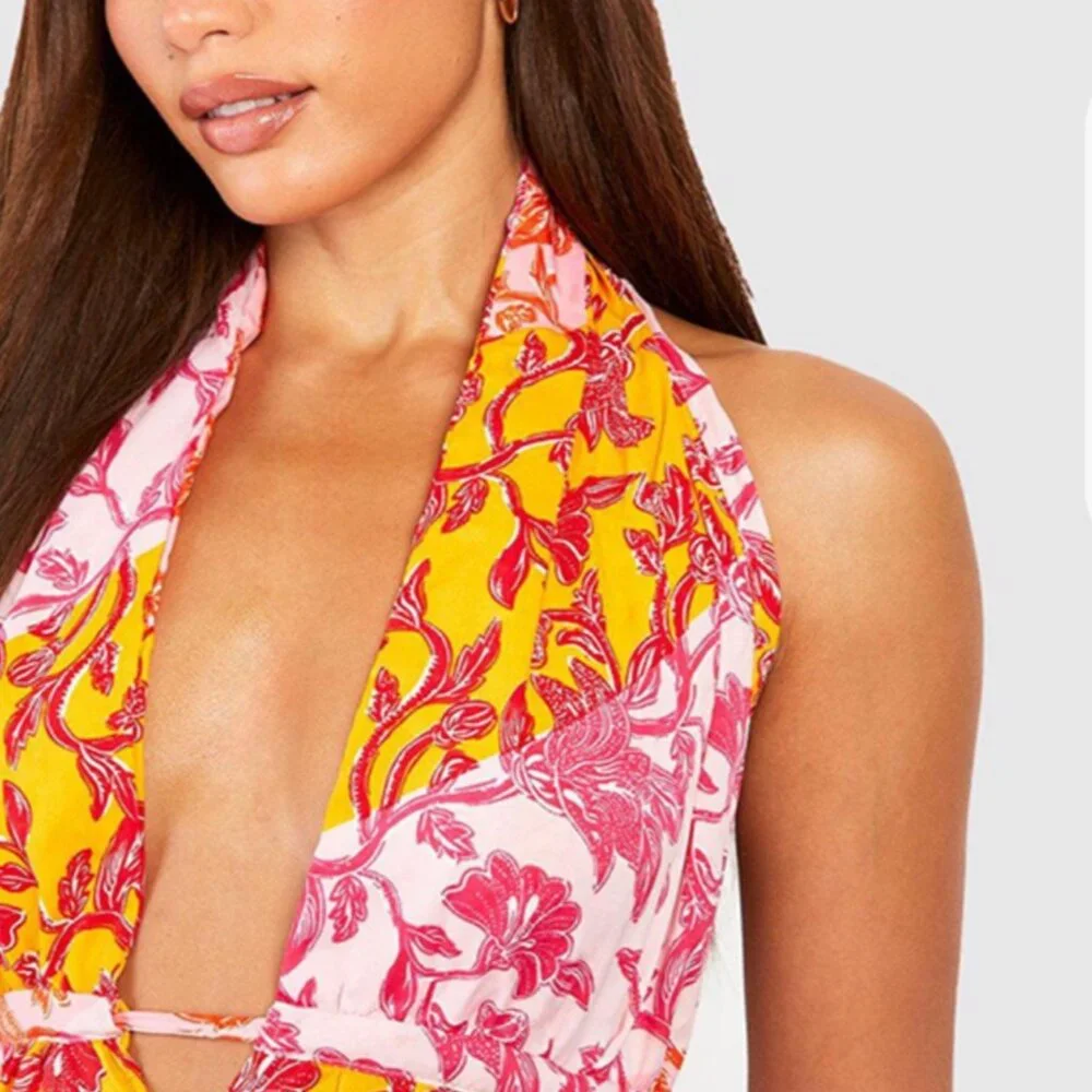 Boohoo Tall Floral Halter Plunge Cage Swing Dress Pink  Floral Size 14 - Picture 4 of 4